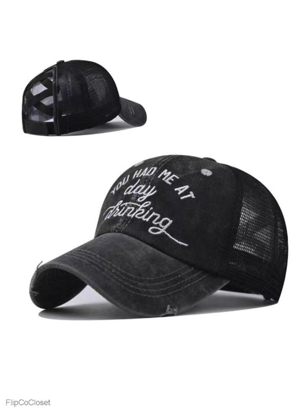 Criss Cross Ponytail Baseball Cap for Women Distressed Trucker Hat with Mesh